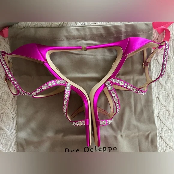 New! Dee Ocleppo designer Satin Magenta Pink Strappy Heels Rhinestones SZ 8 - Picture 9 of 16